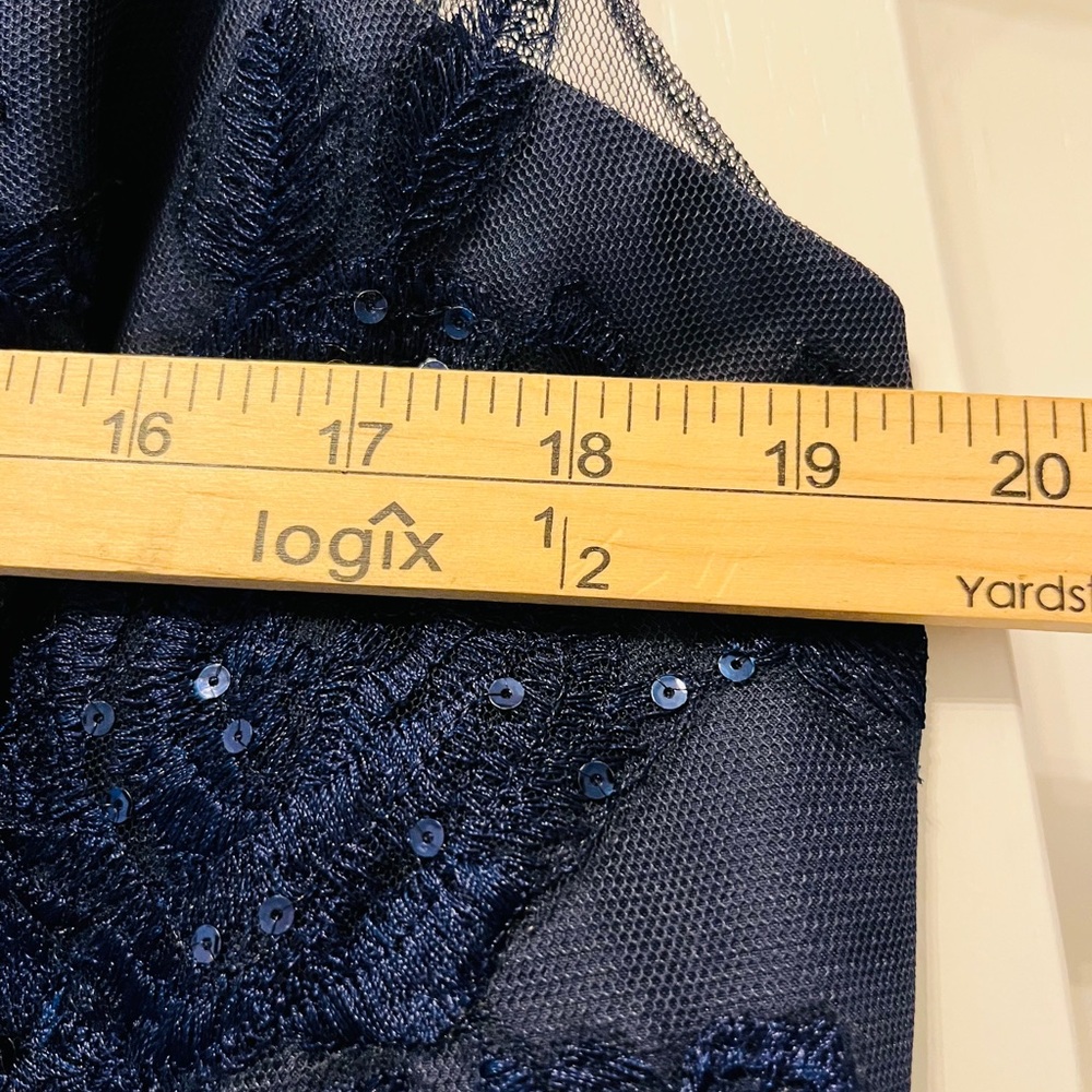 David's Bridal navy blue formal dress sheer, embroidered, and sequined bodice - Picture 3 of 5